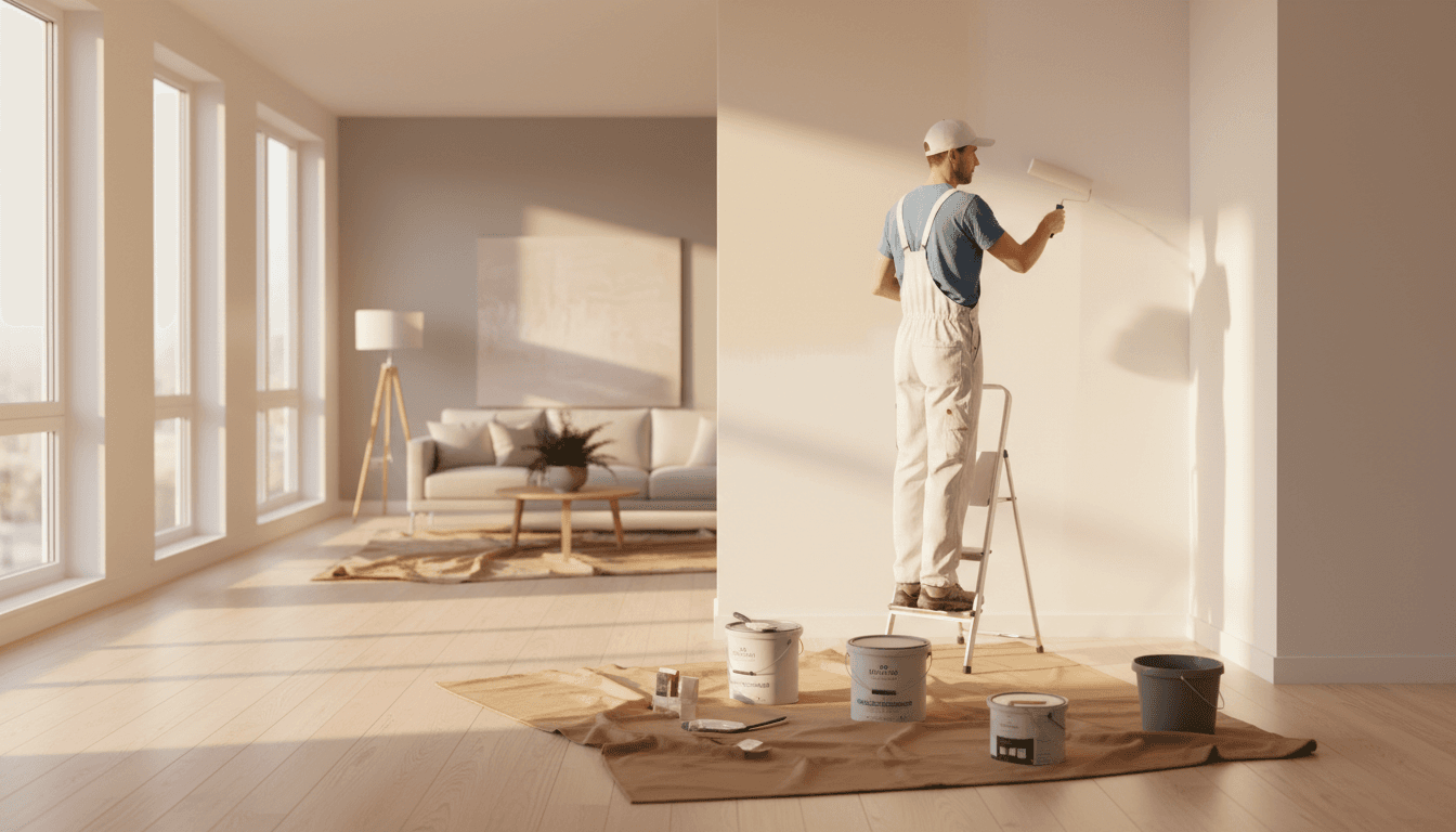 Professional painter applying premium paint to residential interior wall with careful technique